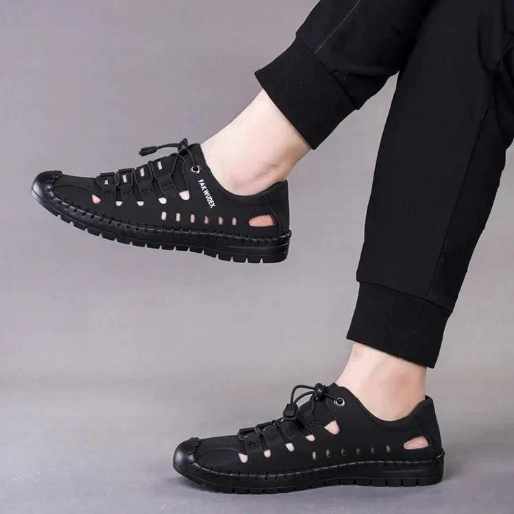 🔥 MEN'S GENUINE LEATHER CASUAL SLIDE BEACH BLACK SANDALS 🔥 - Image 3